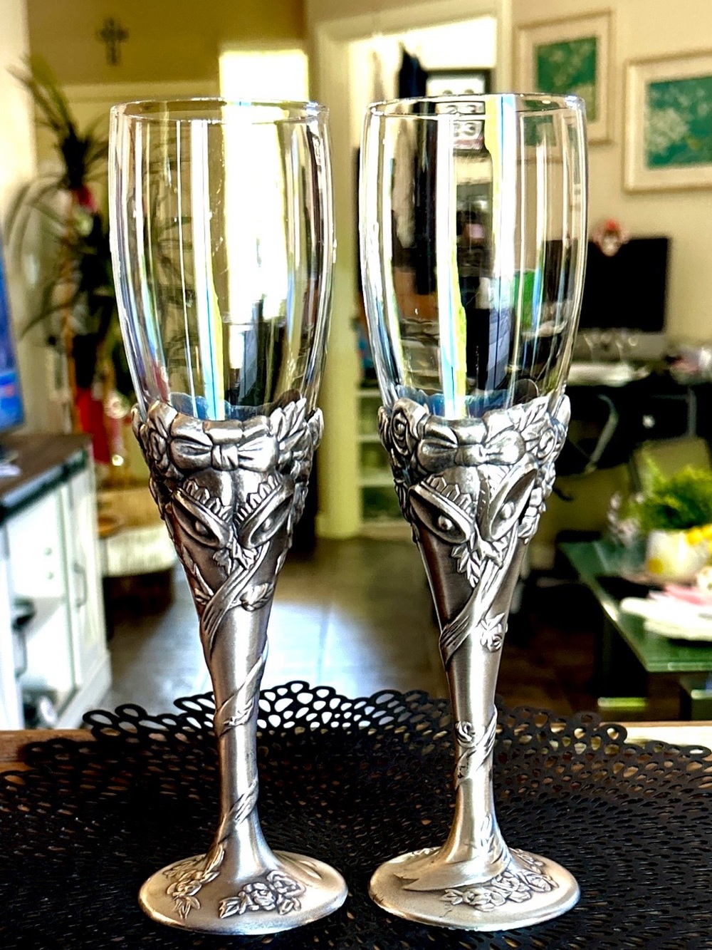 Beautiful Vintage Pewter Champagne Flutes Wedding or Christmas Themed 
Set of 2